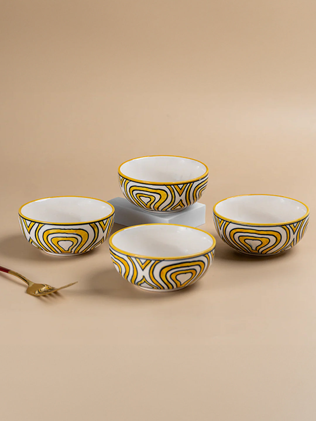 Hand-Painted Yellow Ceramic Bowls - Set of 4