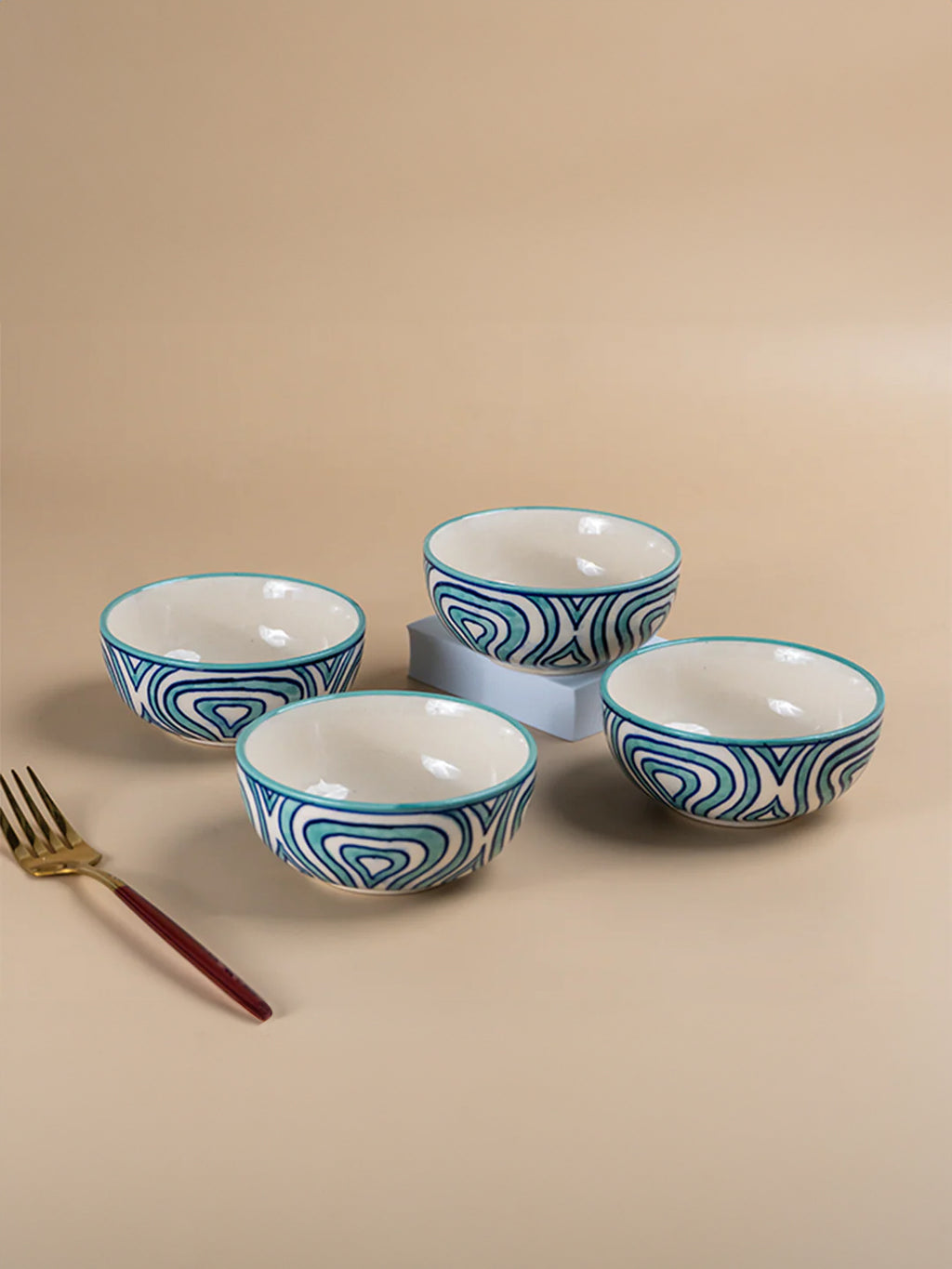 Hand-Painted Blue Ceramic Bowls - Set of 4