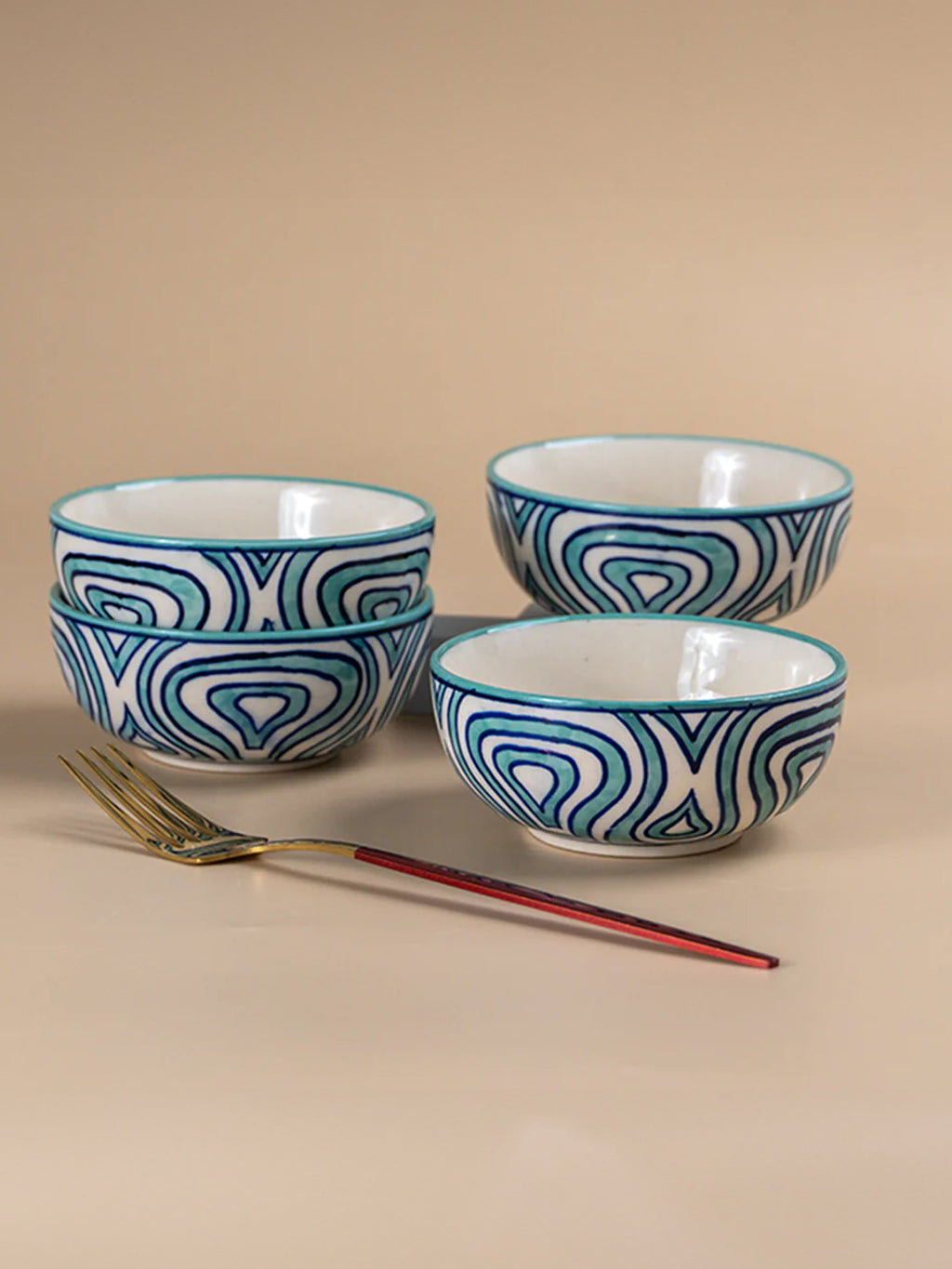 Hand-Painted Blue Ceramic Bowls - Set of 4