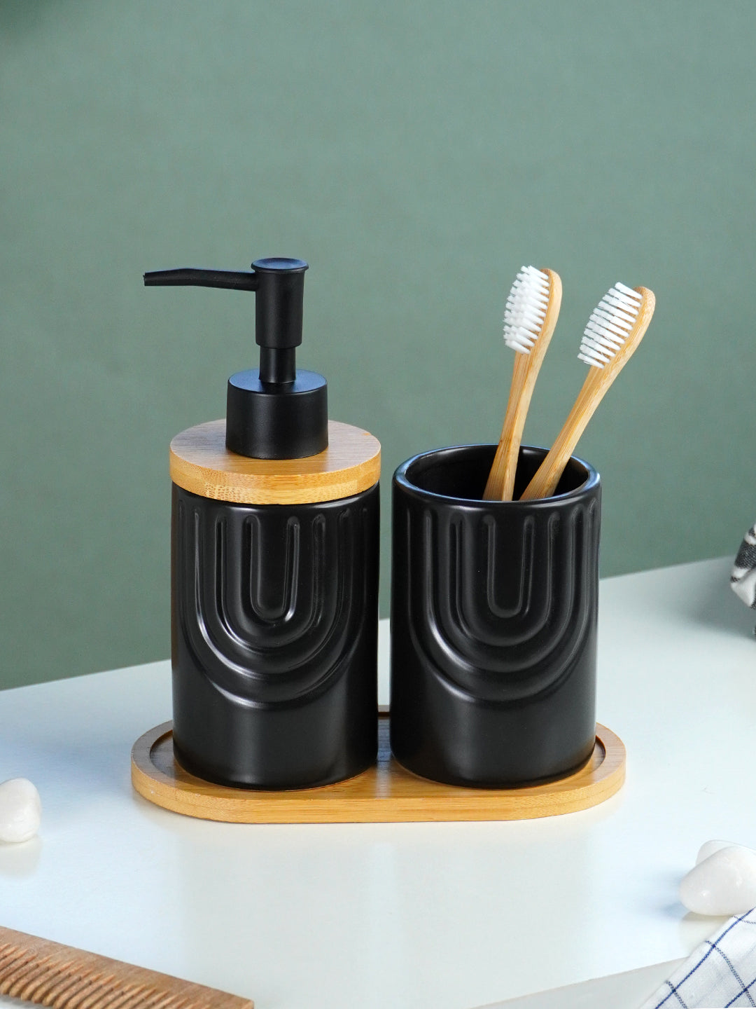 Black and Bamboo Ceramic Bathroom Set of 2