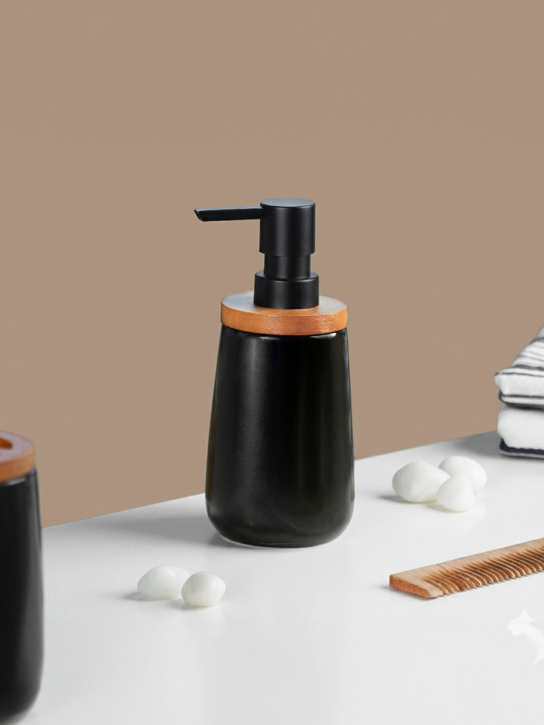 Black Ceramic with Bamboo Soap Dispenser
