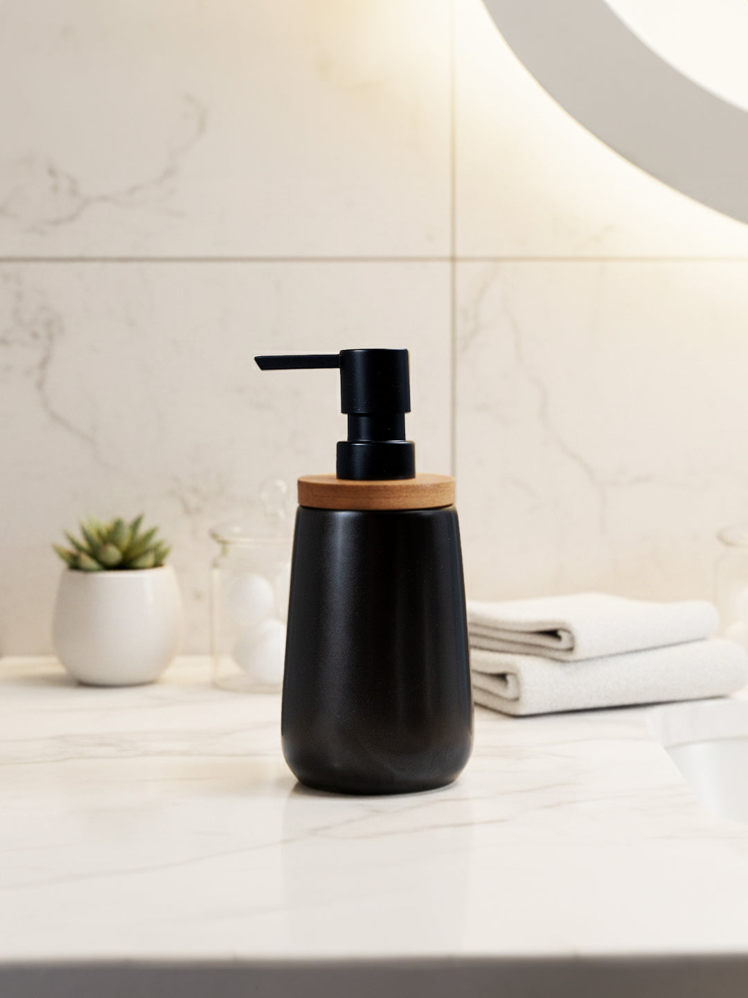 Black Ceramic with Bamboo Soap Dispenser