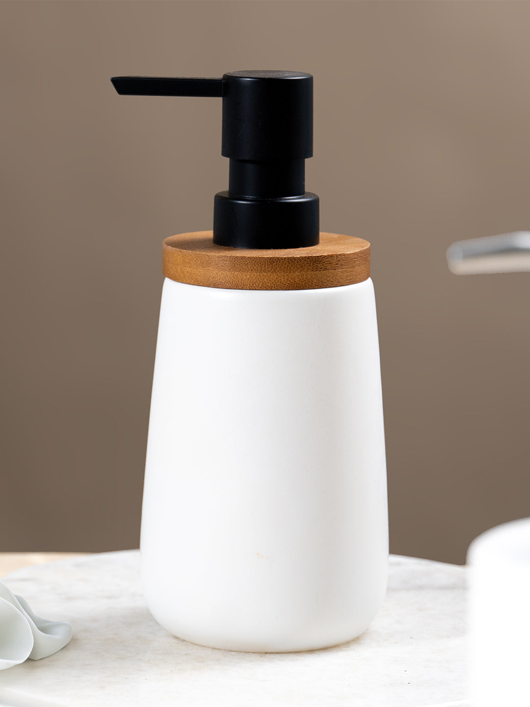Matte White Ceramic with Bamboo Soap Dispenser