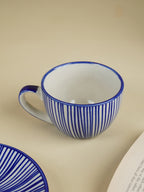 Blue and White Striped Ceramic Cup & Saucer