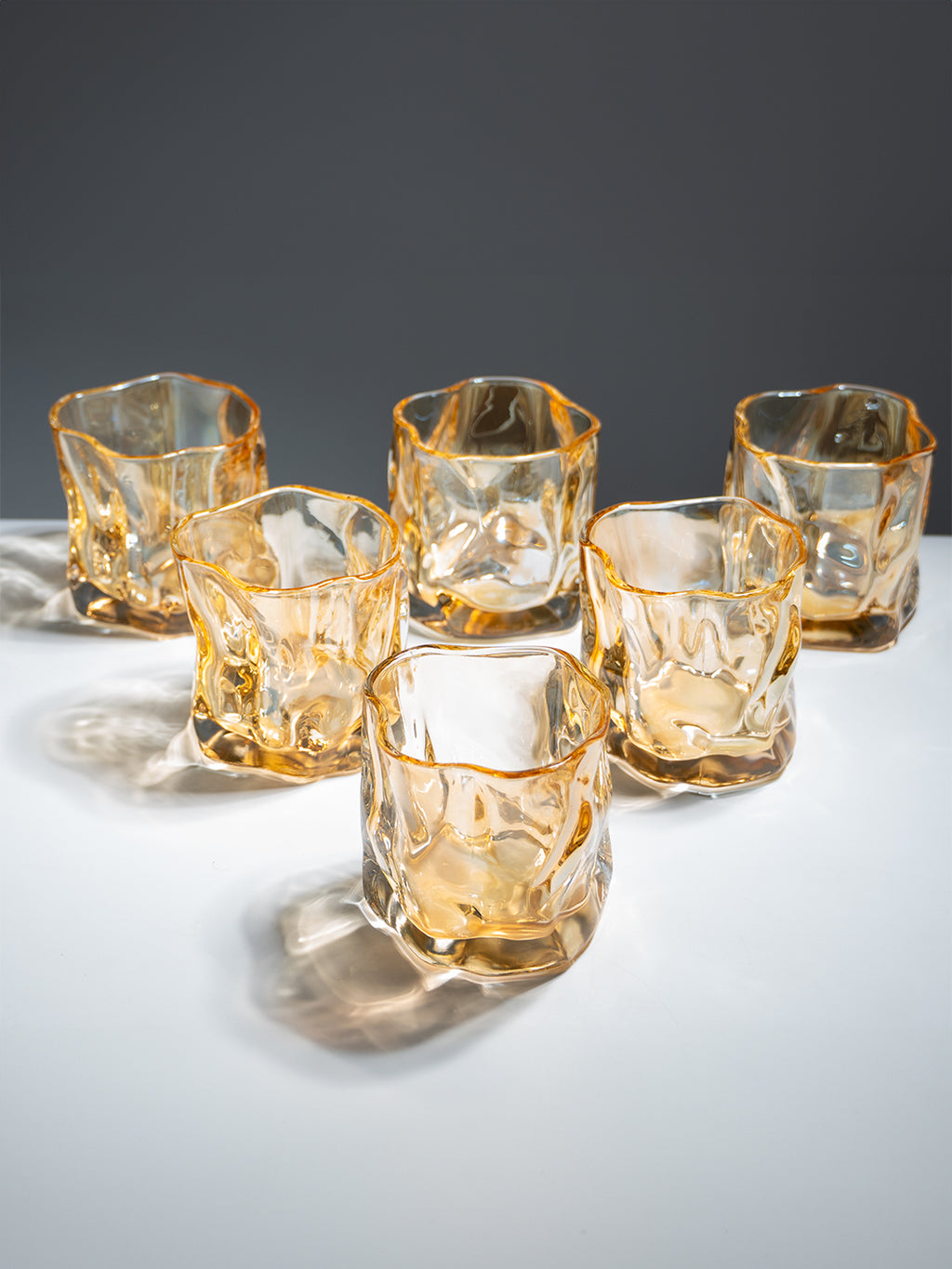 Amber-Colored Sculpted Glasses - Set of 6