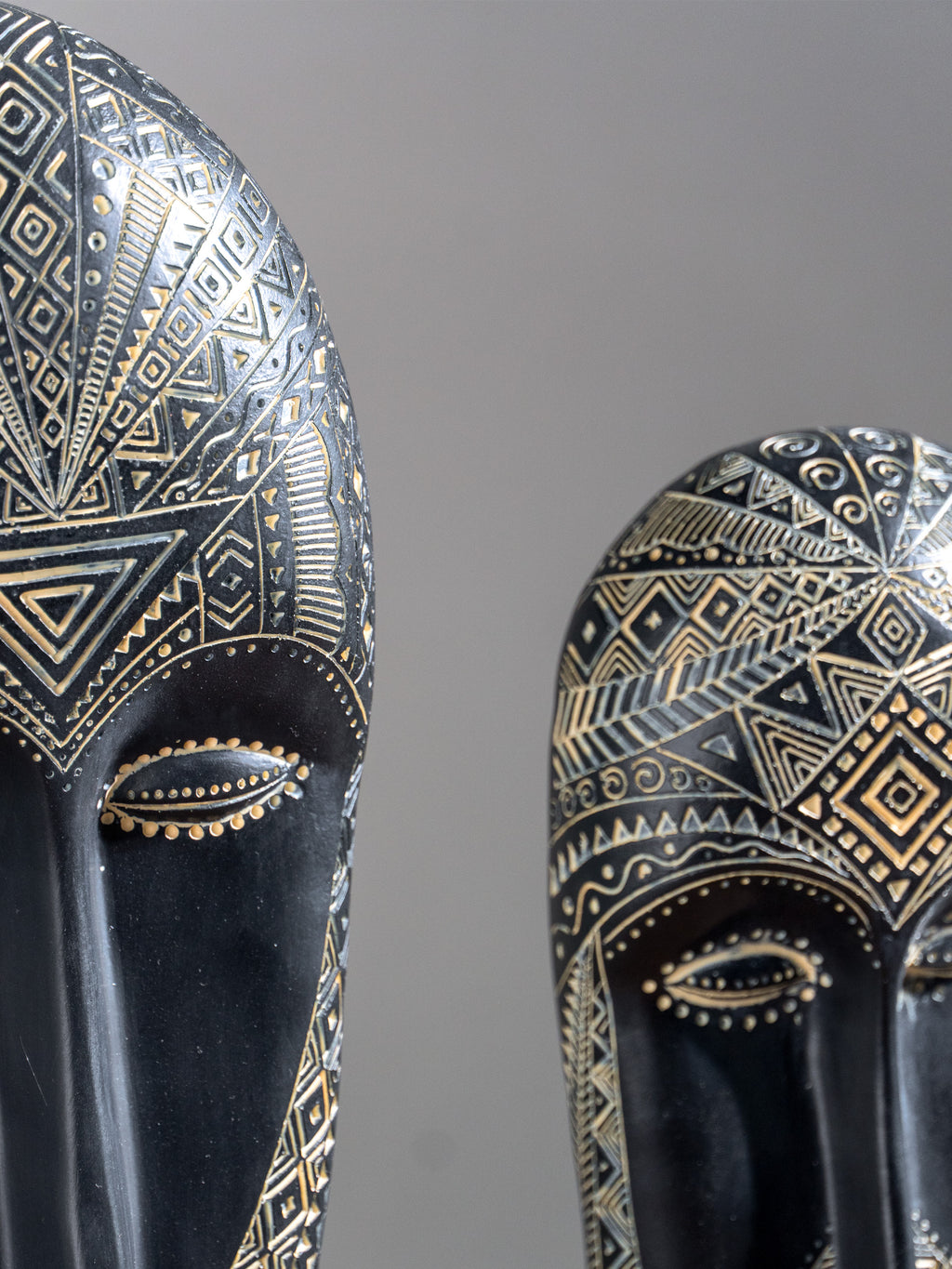 Black & Gold Tribal Mask Sculpture Set on Stand