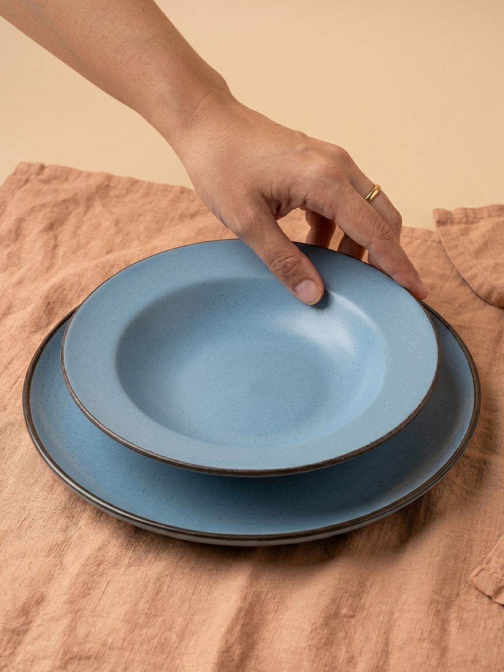 Blue Ceramic Pasta Bowl with Plate
