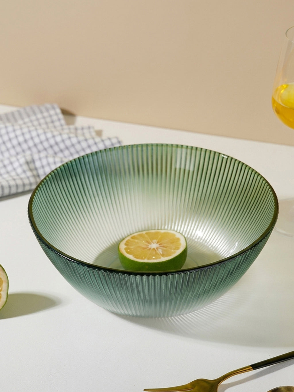 Forest Green Ribbed Glass Bowl - Ombre Gradient Serving Dish