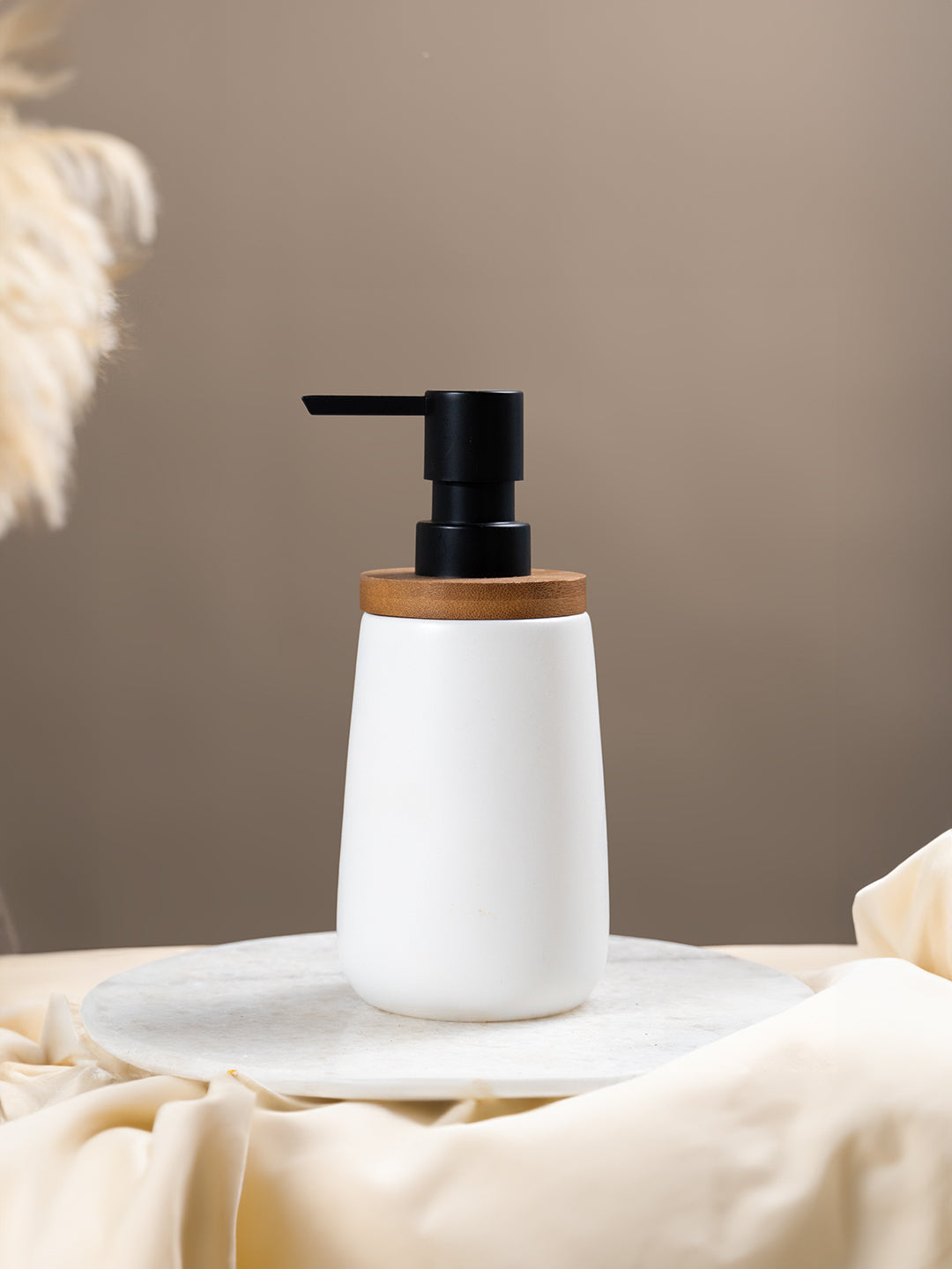 Matte White Ceramic with Bamboo Soap Dispenser Main image