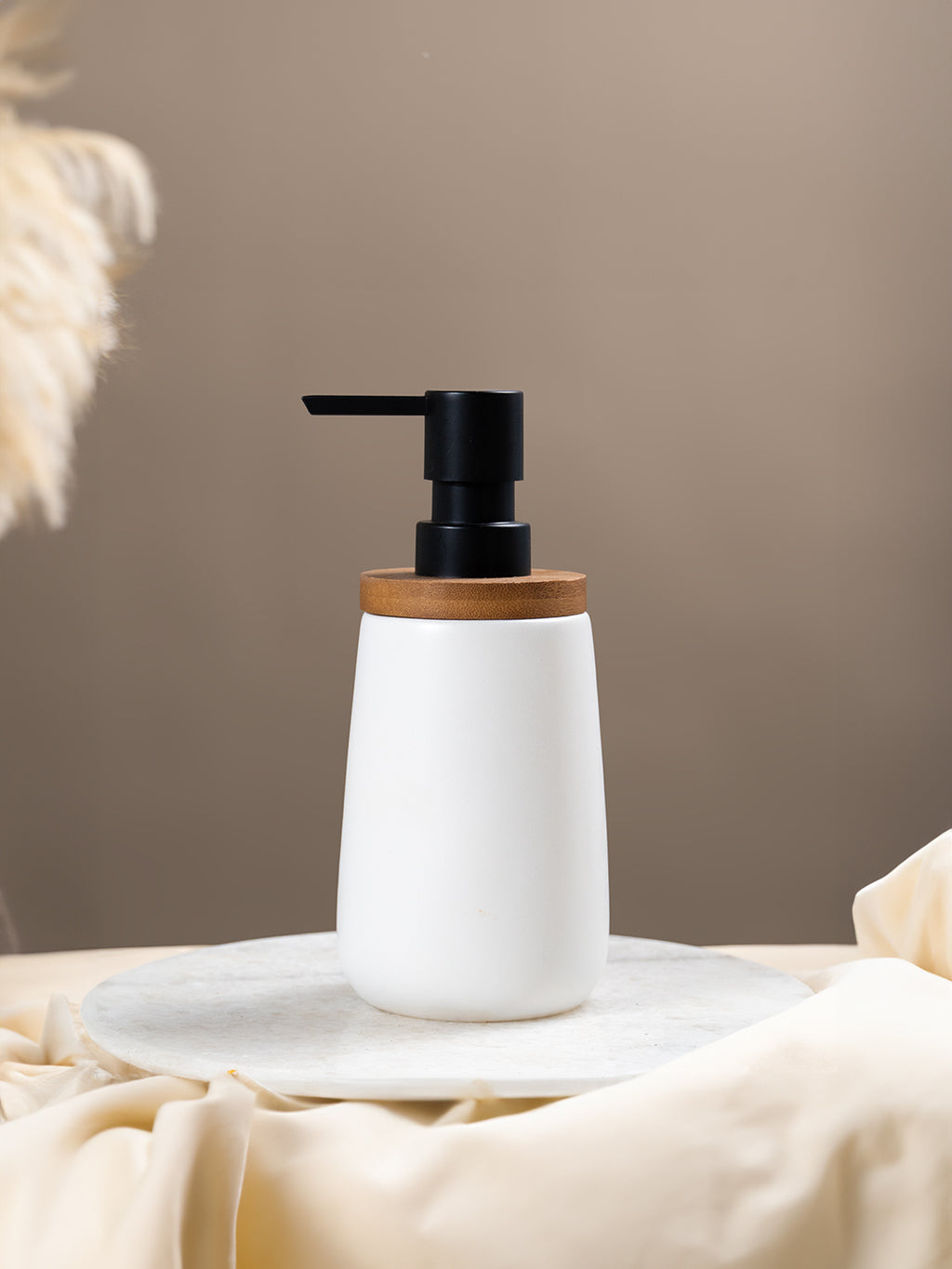 Matte White Ceramic with Bamboo Soap Dispenser