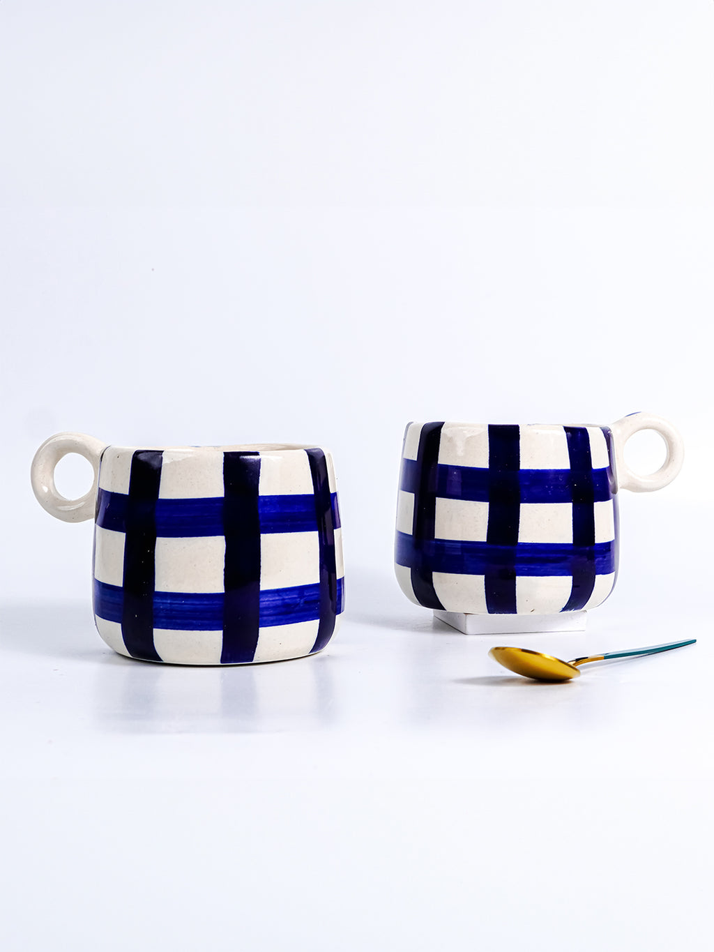 Blue and White Checkered Ceramic Mugs