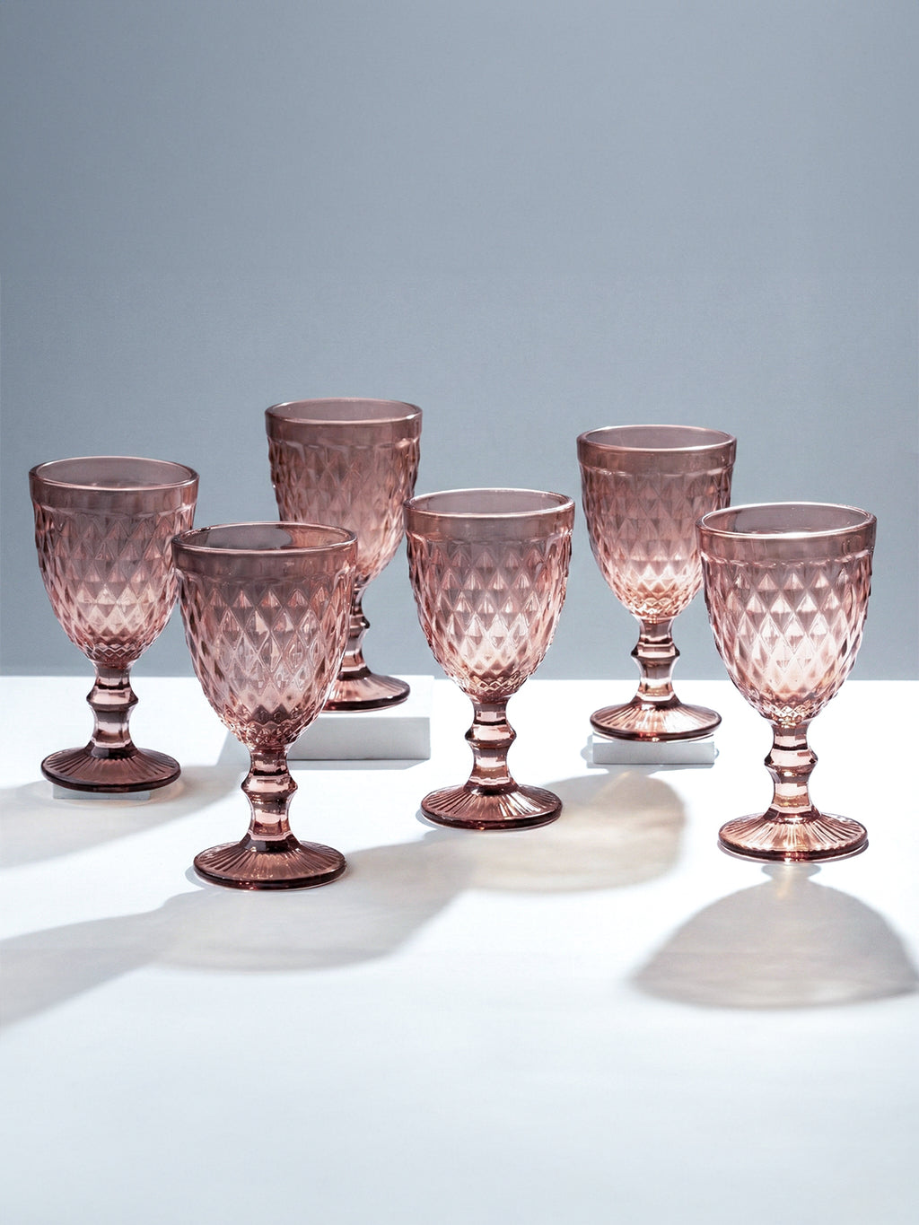 Rose-Pink Diamond-Cut Goblets - Set of 6