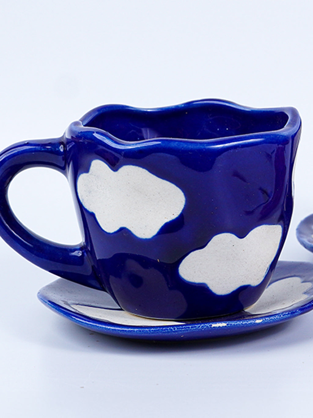Navy Blue Cloud-Patterned Ceramic Cup and Saucer Set