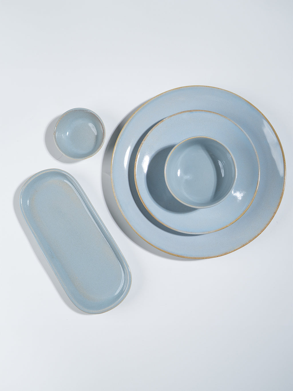 Light Blue Ceramic Dinner Set with Rustic Gold Rim Finish - Set of 20