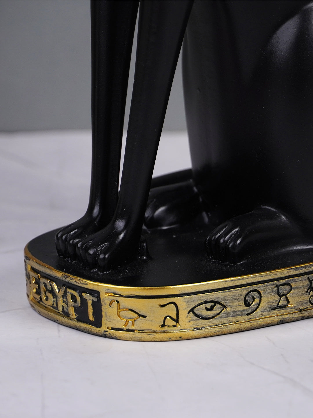 Black Egyptian Cat Statue with Golden Jewelry and Colorful Collar