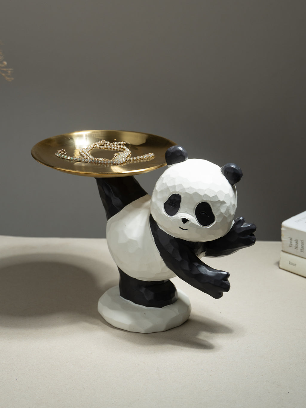 Black and White Panda Figurine with Gold Tray Holder