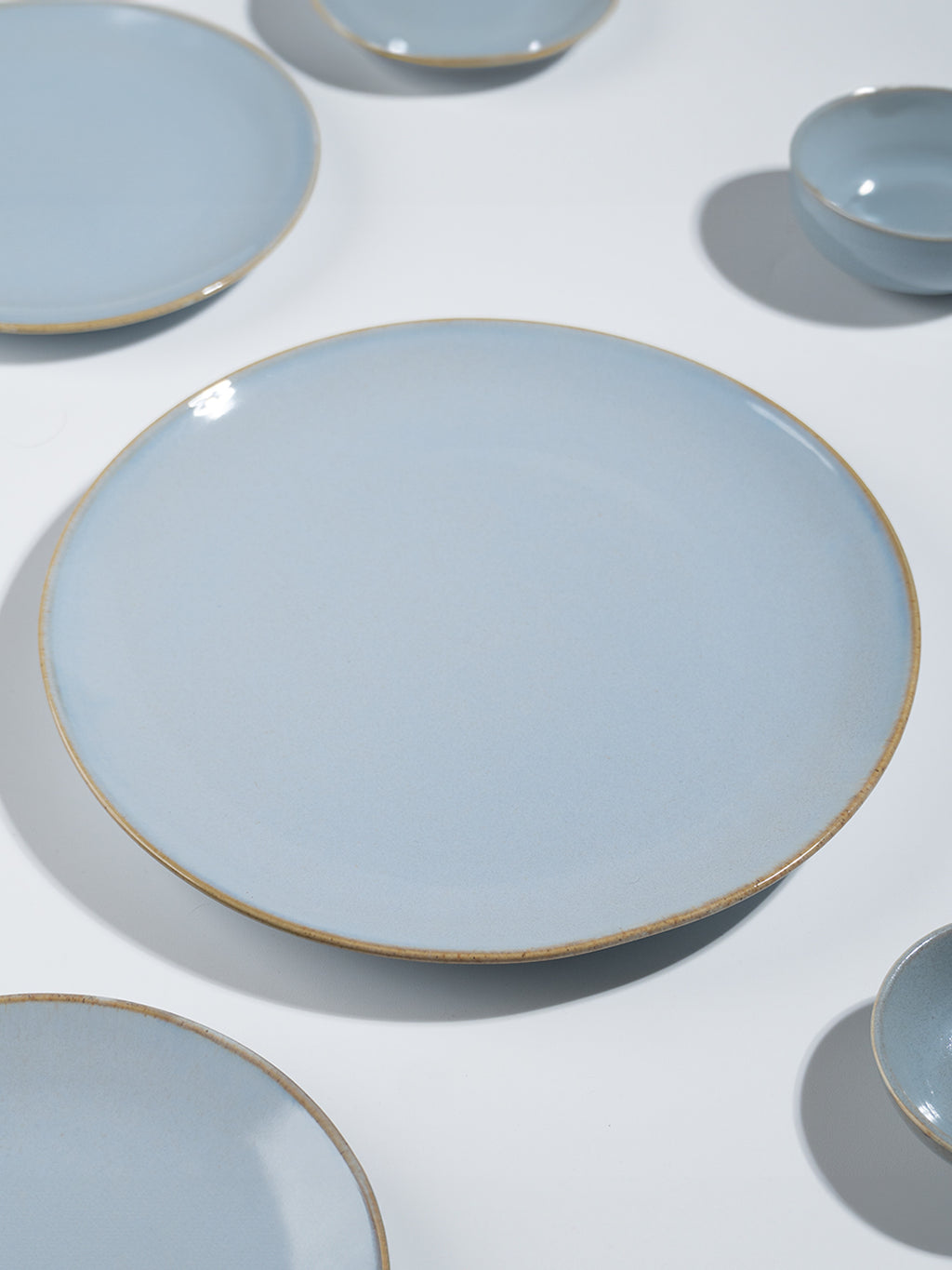 Light Blue Ceramic Dinner Set with Rustic Gold Rim Finish - Set of 20