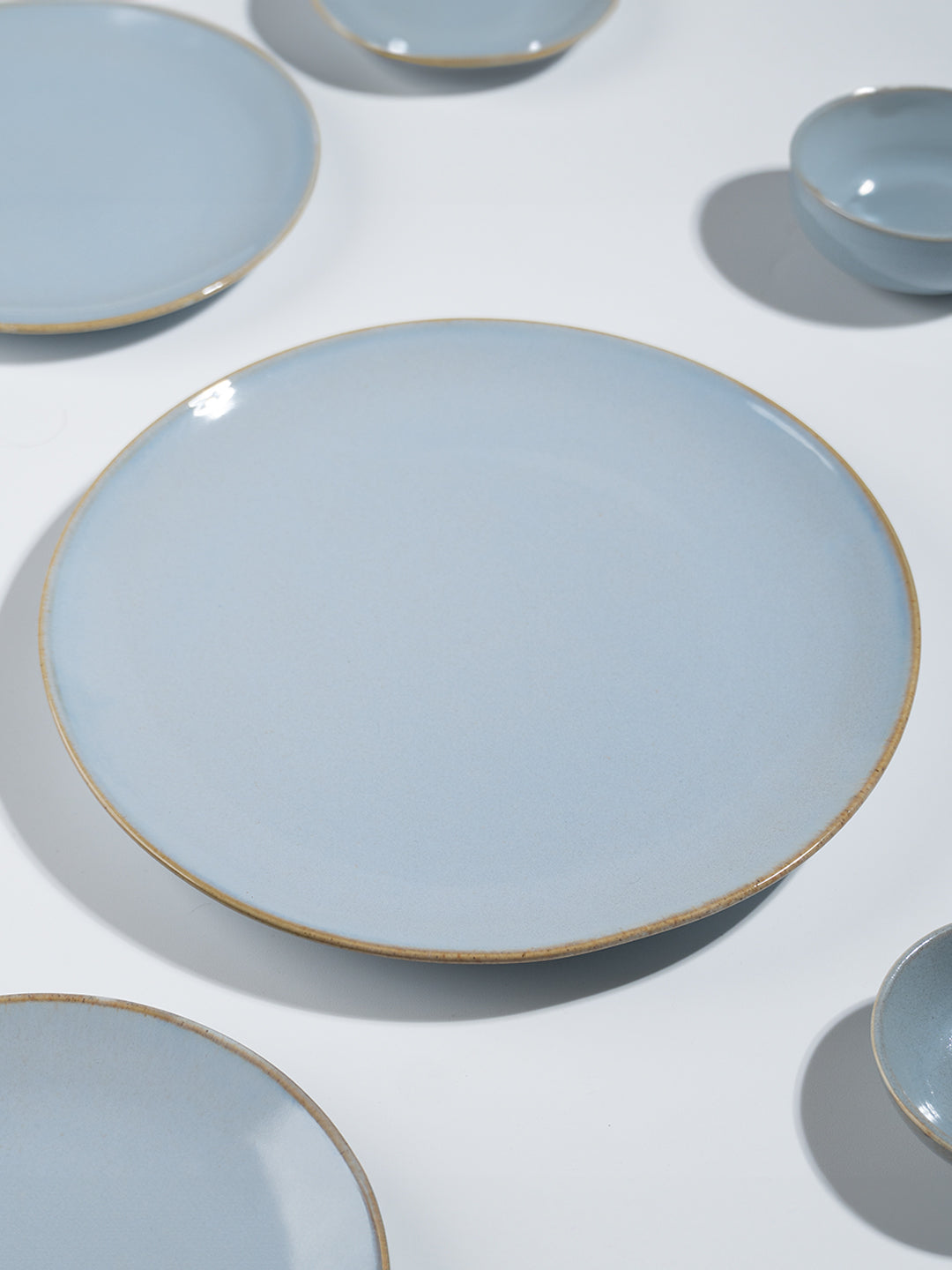 Light Blue Ceramic Dinner Set with Rustic Gold Rim Finish - Set of 20