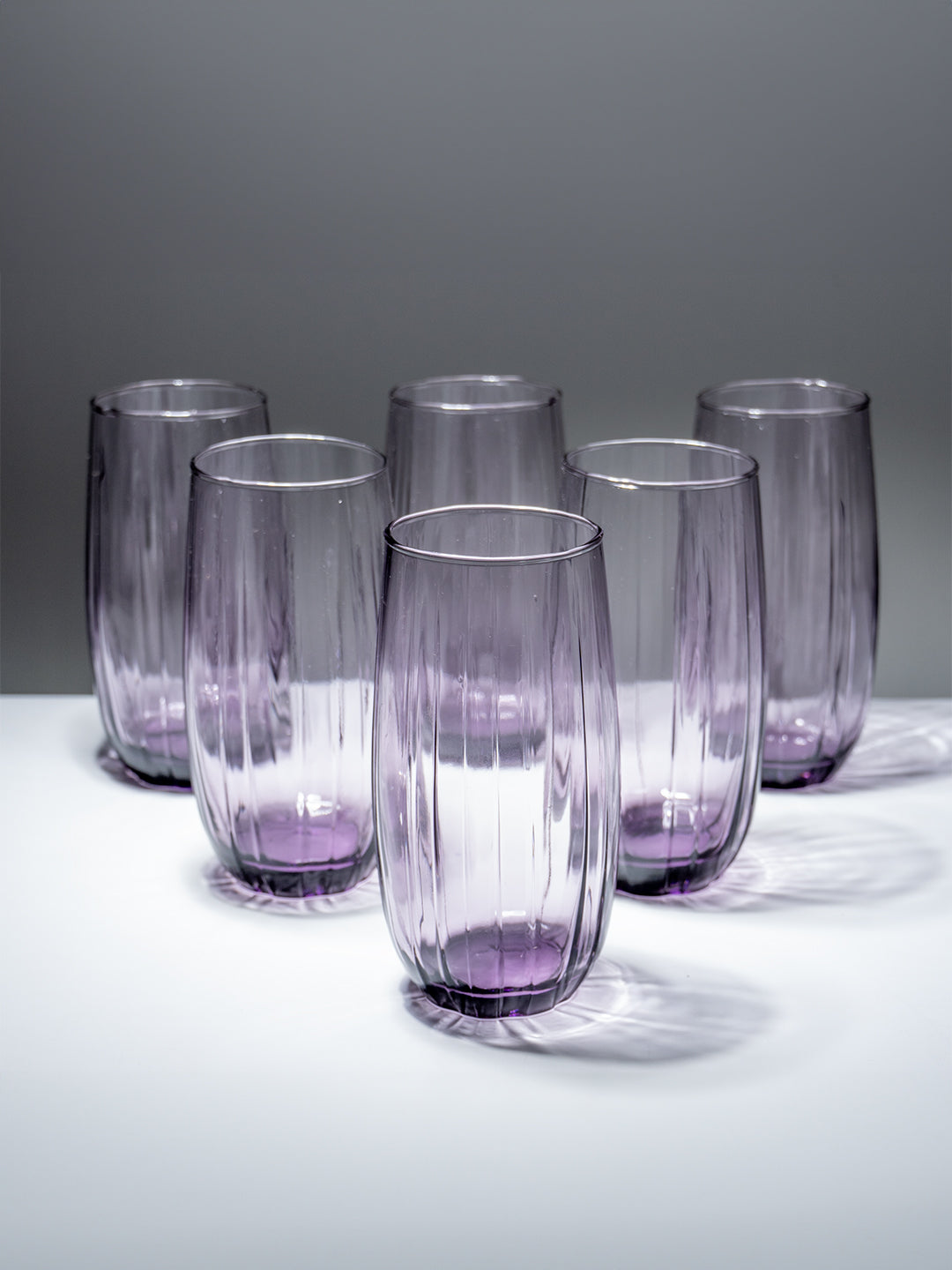 Lilac-Tint Ribbed Tall Glasses - Set of 6