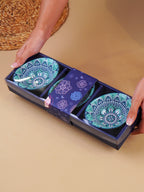 Blue & Teal Lotus Long Ceramic Bowls Set of 3