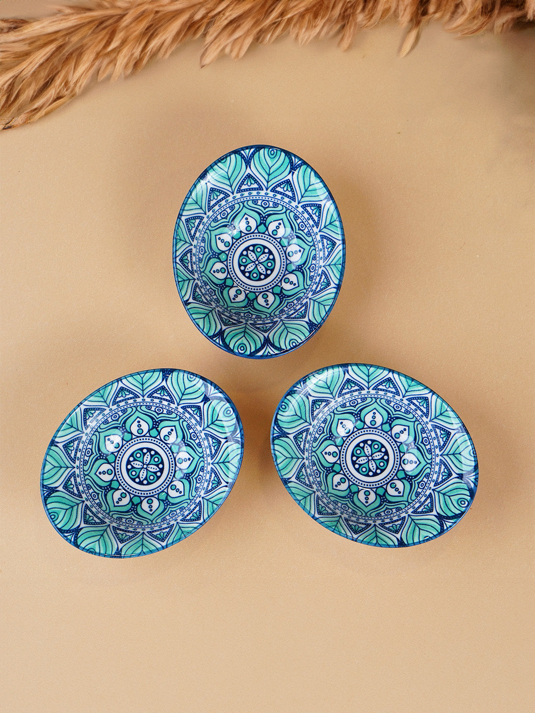 Blue & Teal Lotus Long Ceramic Bowls Set of 3