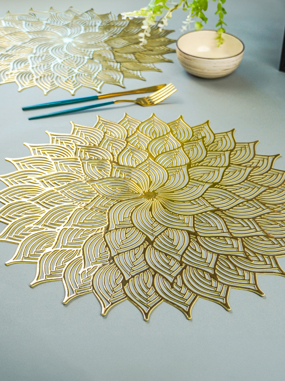 Gold Floral Cutout Table Mat with Intricate Petal Design Secondary image