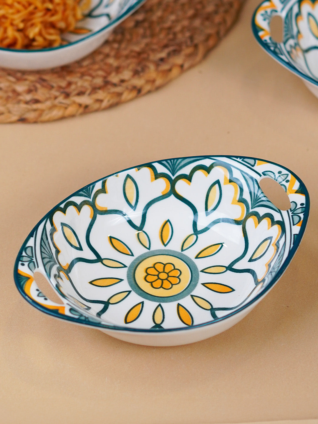 Green & Yellow Side Handles Ceramic Bowls Set of 3 Secondary image