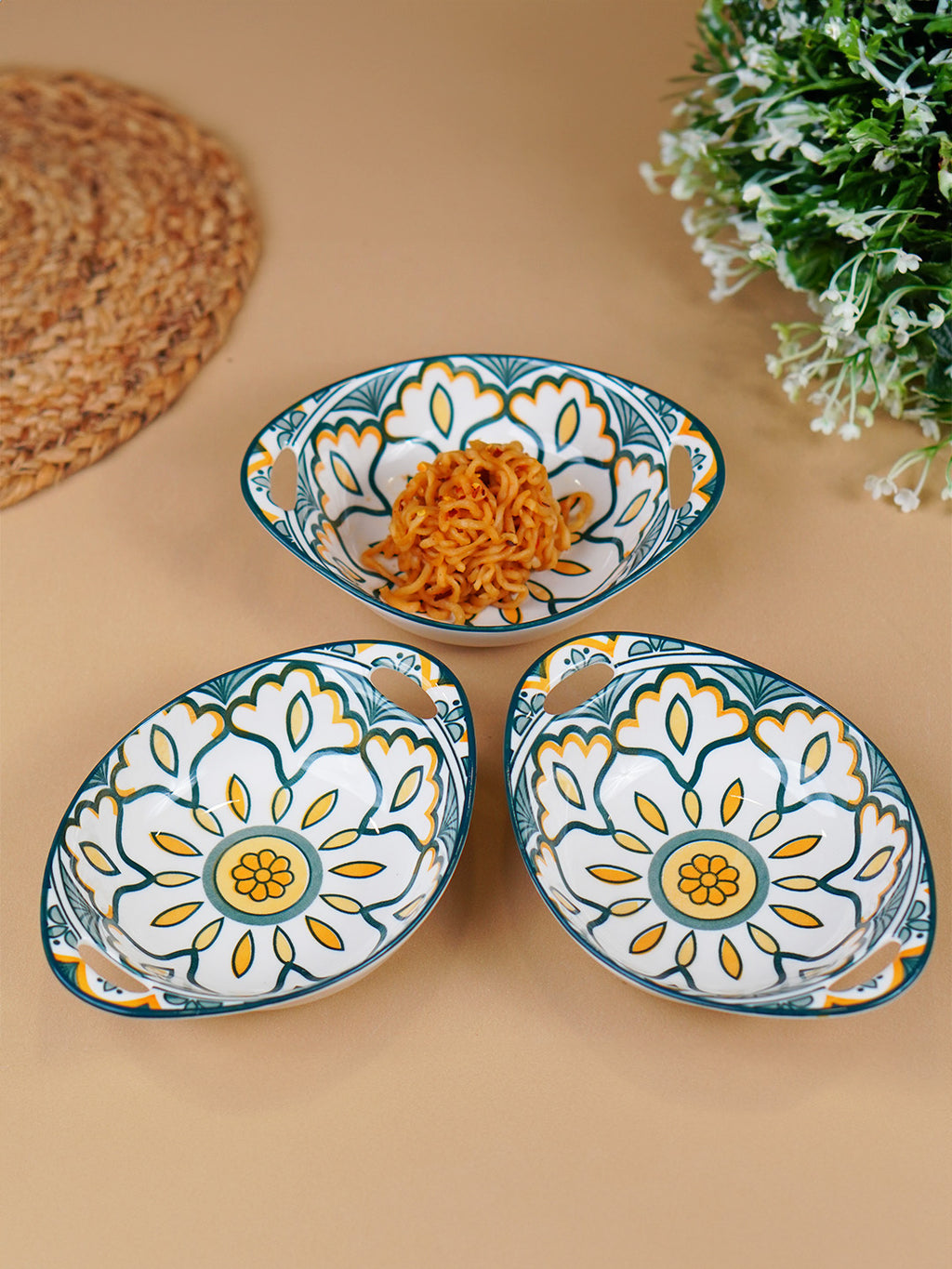 Green & Yellow Side Handles Ceramic Bowls Set of 3