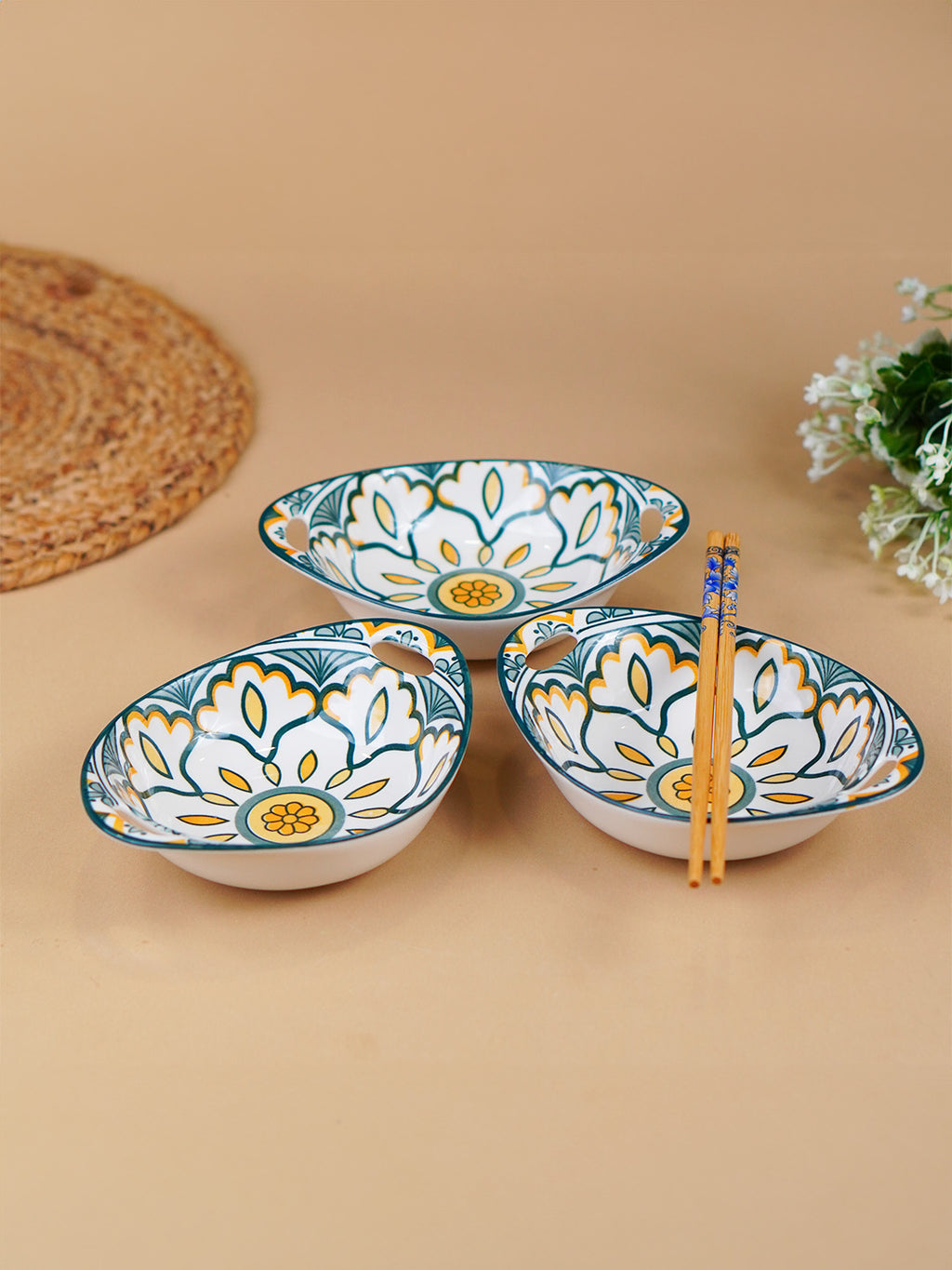 Green & Yellow Side Handles Ceramic Bowls Set of 3