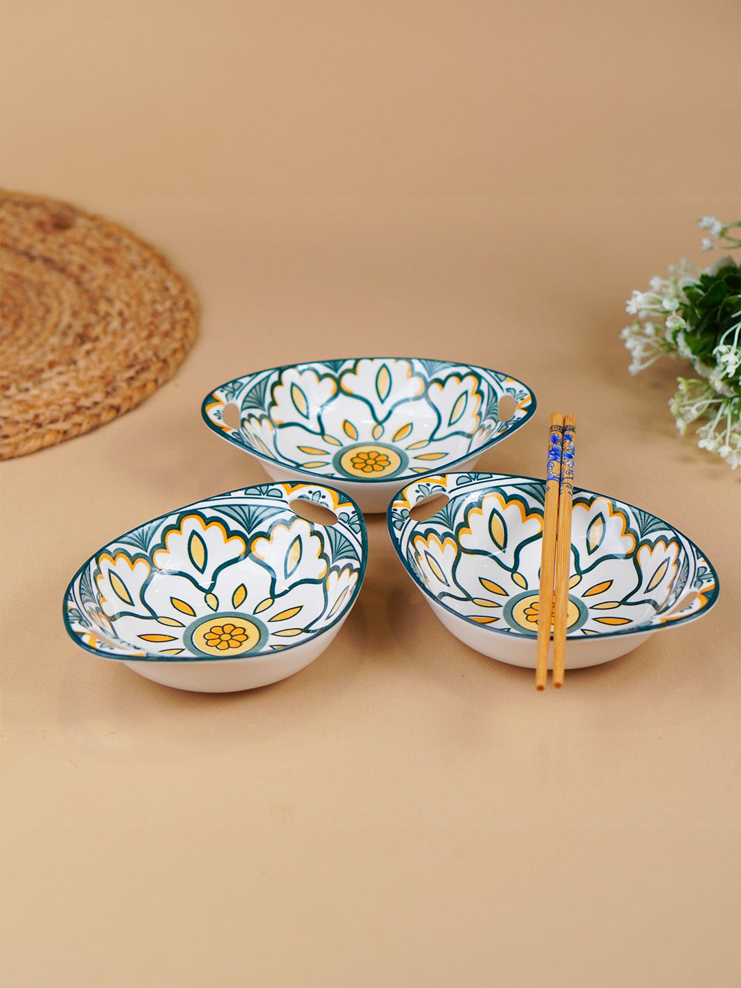 Green & Yellow Side Handles Ceramic Bowls Set of 3