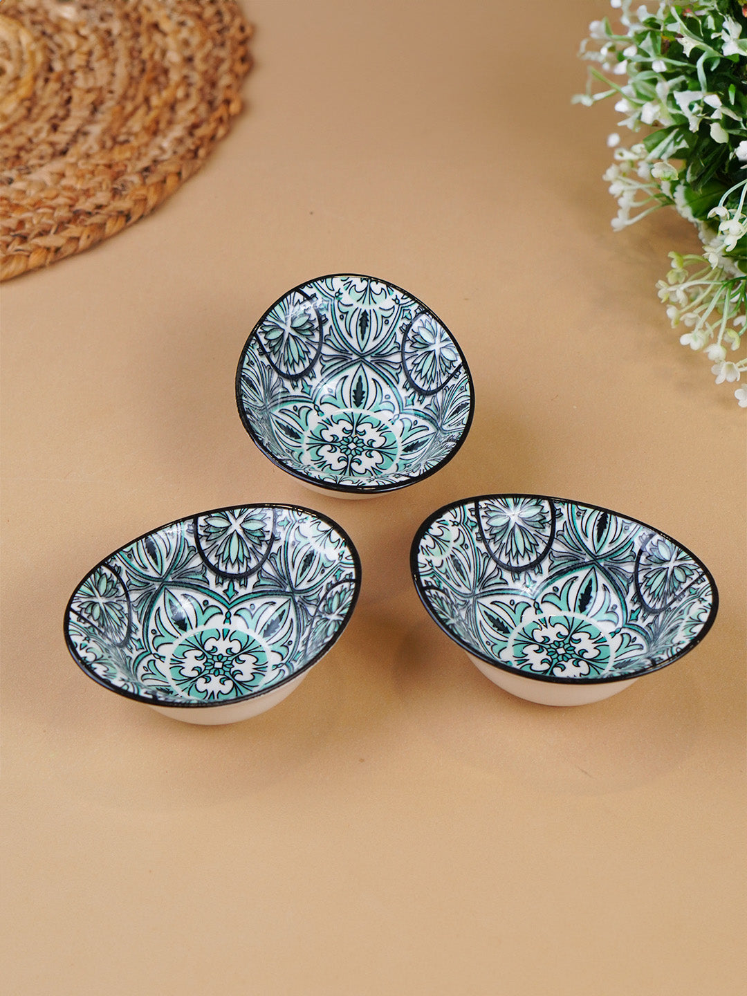 Green & White Mandala Long Ceramic Bowls Set of 3 Main image