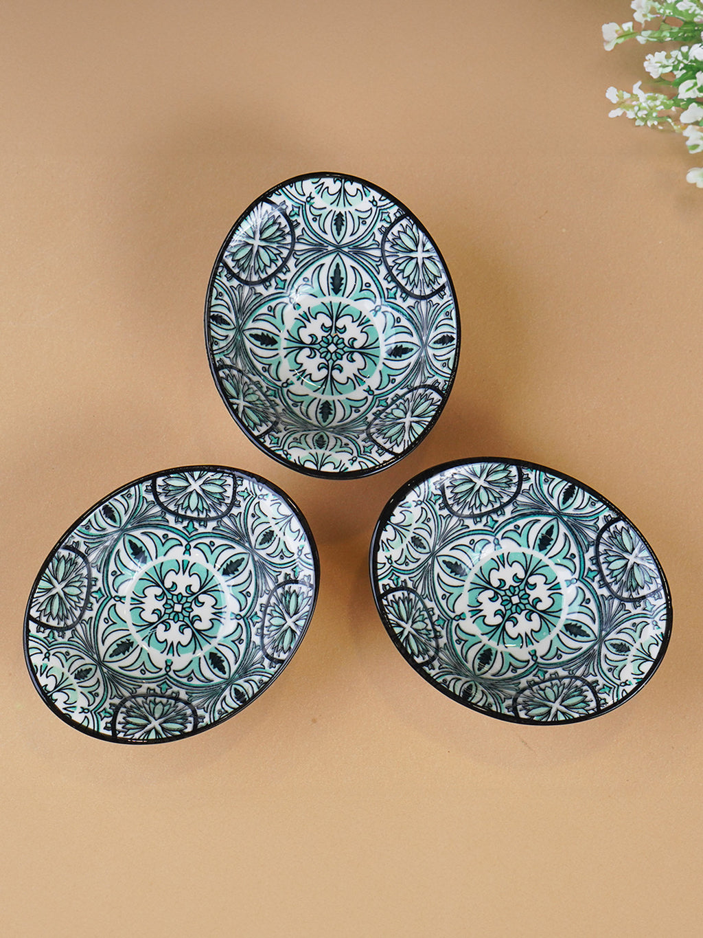 Green & White Mandala Long Ceramic Bowls Set of 3