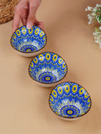 Yellow & Blue Sunburst Long Ceramic Bowls Set of 3