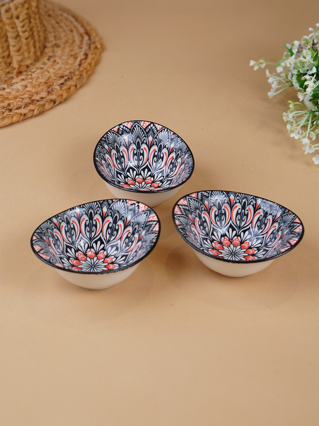 Black & Red Floral Long Ceramic Bowls Set of 3 Main image