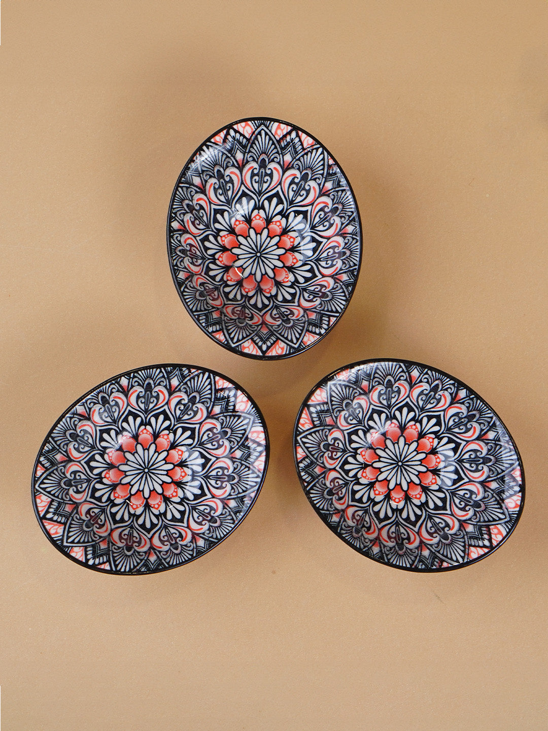 Black & Red Floral Long Ceramic Bowls Set of 3