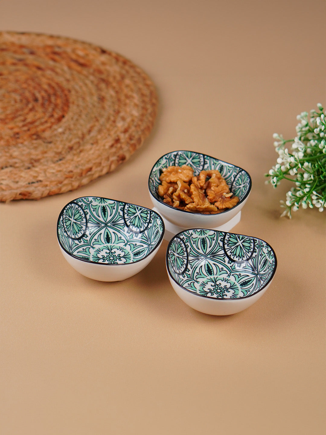 Green & White Fern Square Ceramic Bowls Set of 3 Secondary image