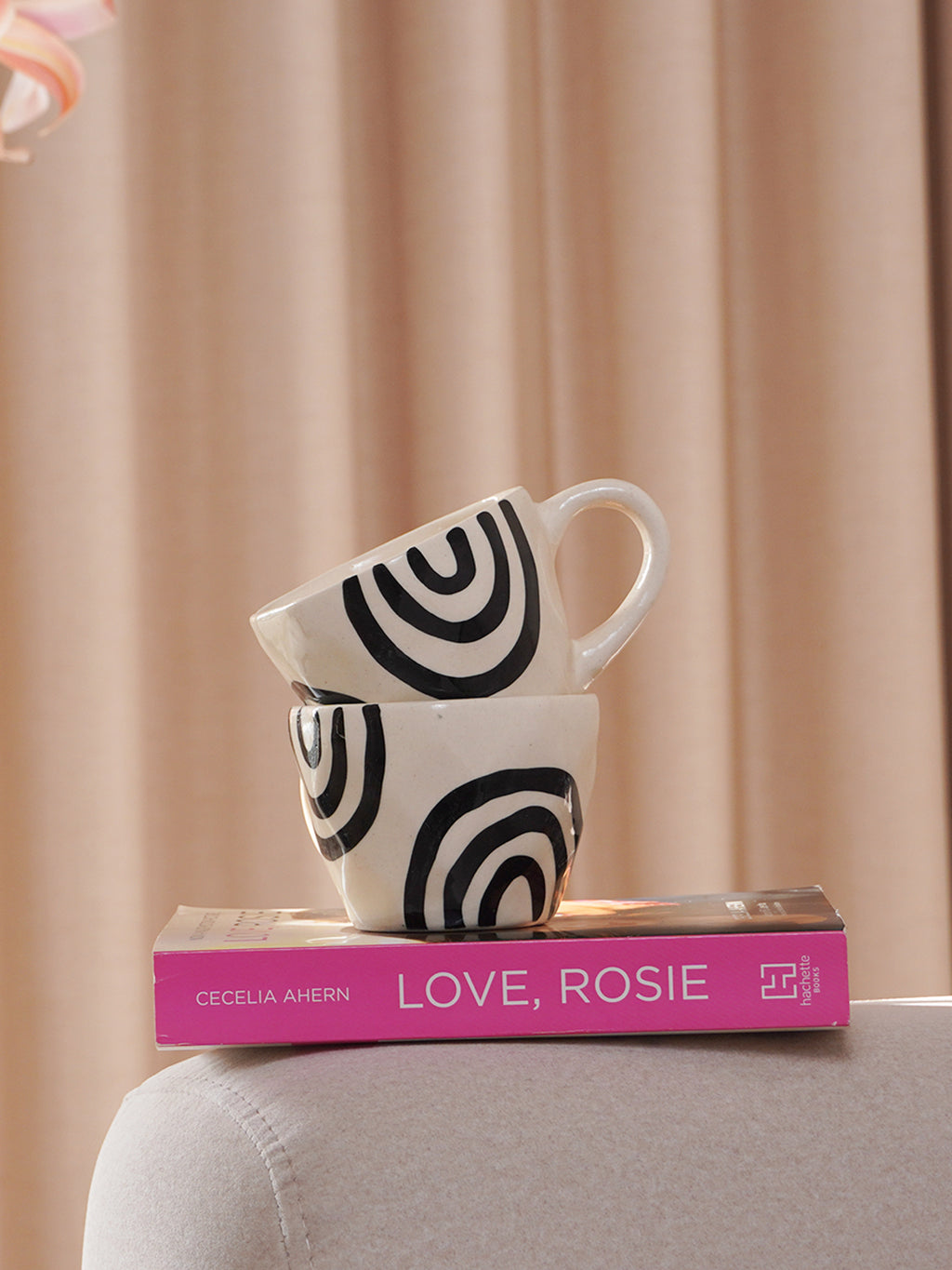 White Ceramic Mug with Hand-Painted Black Arch Design