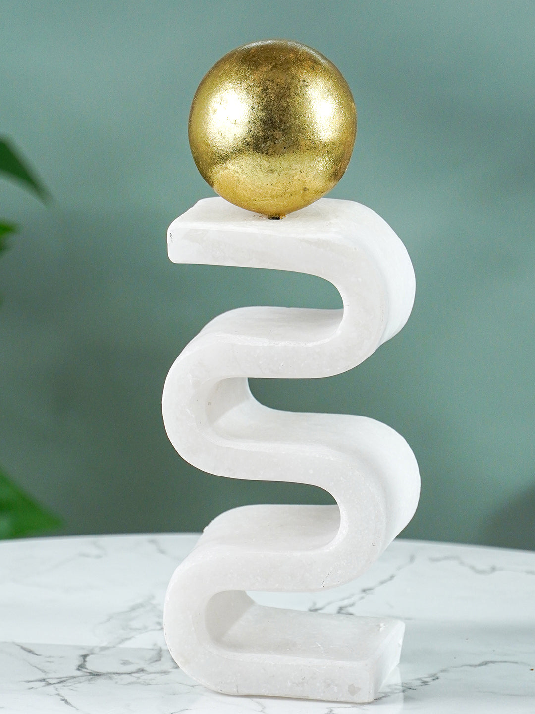 White Marble-Finish Zigzag Sculpture with Gold Sphere Secondary image