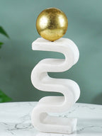 White Marble-Finish Zigzag Sculpture with Gold Sphere