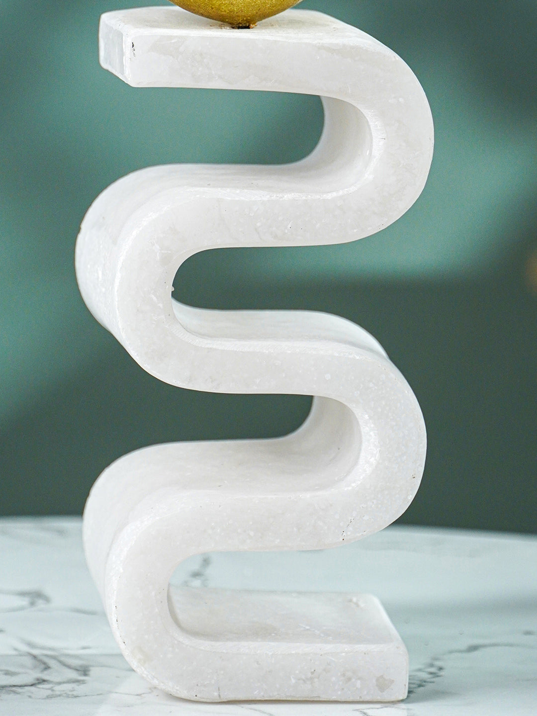 White Marble-Finish Zigzag Sculpture with Gold Sphere