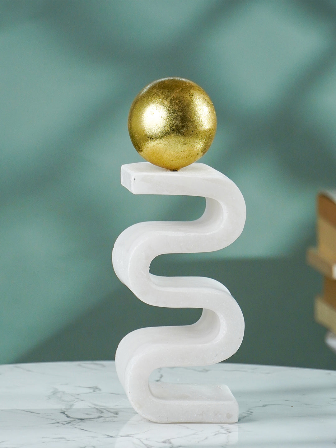White Marble-Finish Zigzag Sculpture with Gold Sphere Main image
