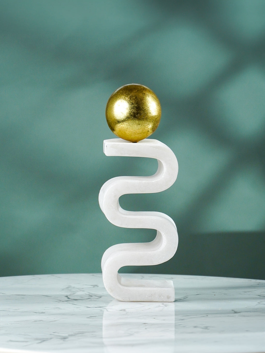 White Marble-Finish Zigzag Sculpture with Gold Sphere