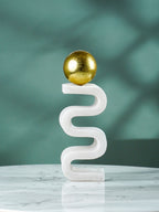 White Marble-Finish Zigzag Sculpture with Gold Sphere