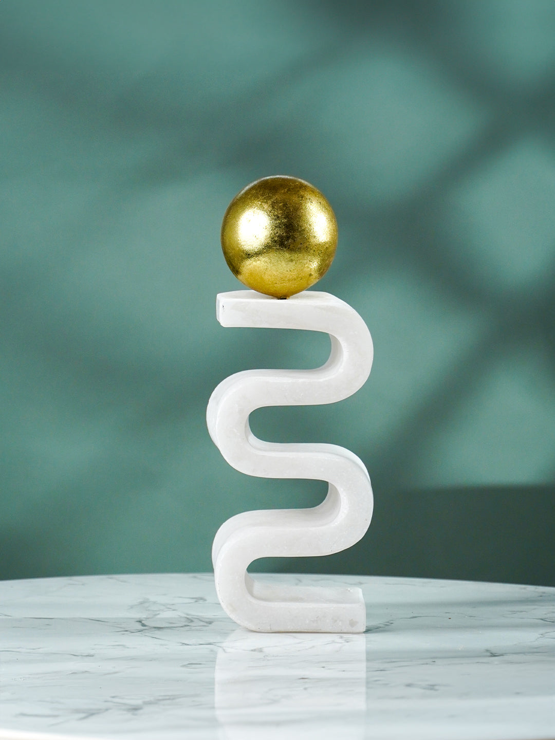 White Marble-Finish Zigzag Sculpture with Gold Sphere