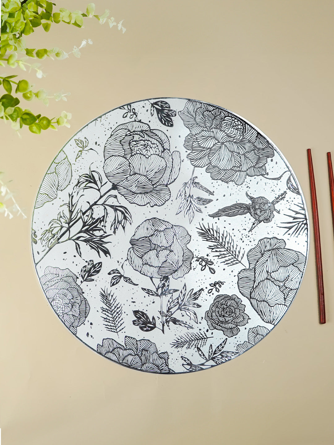 White Round Table Mat with Silver Floral Illustration Main image