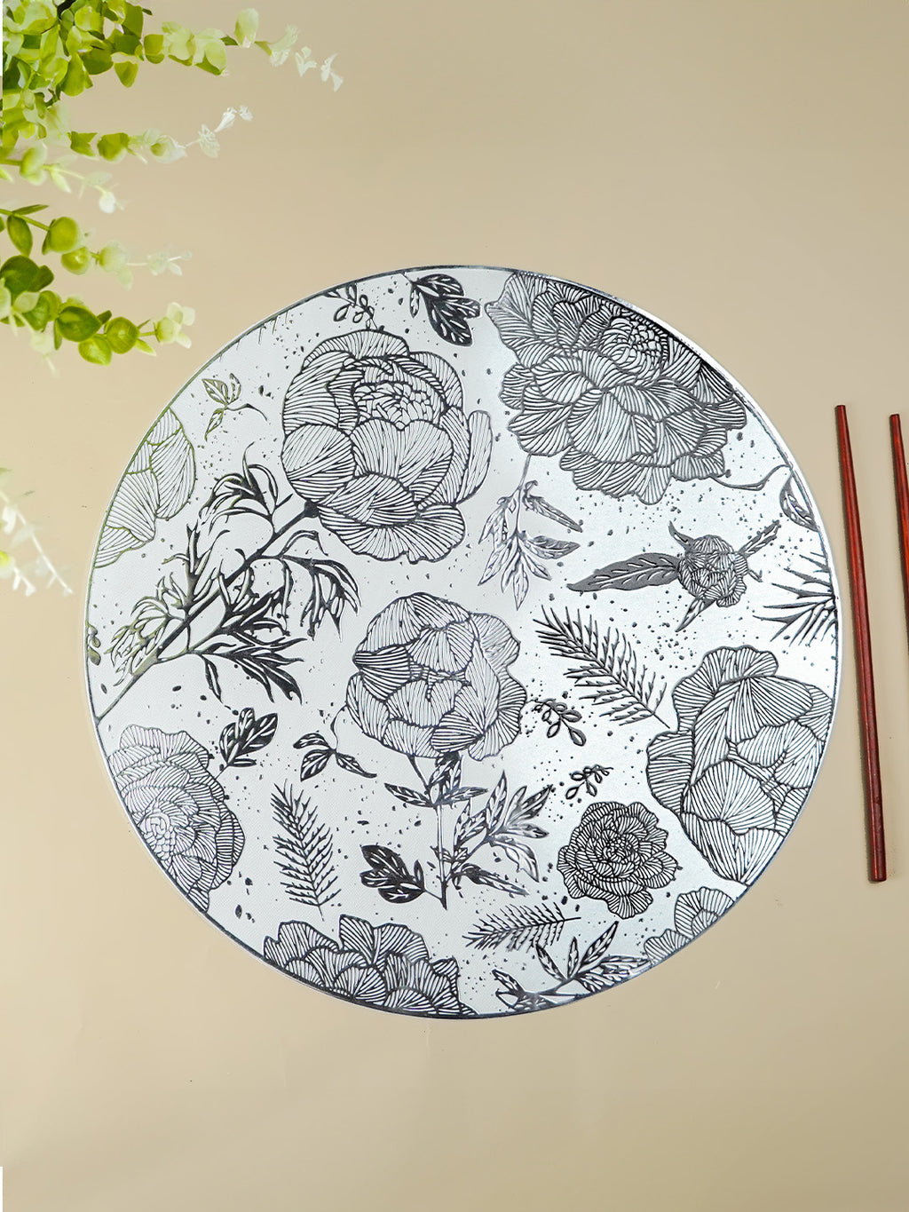White Round Table Mat with Silver Floral Illustration