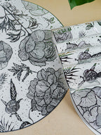 White Round Table Mat with Silver Floral Illustration