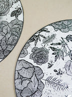 White Round Table Mat with Silver Floral Illustration