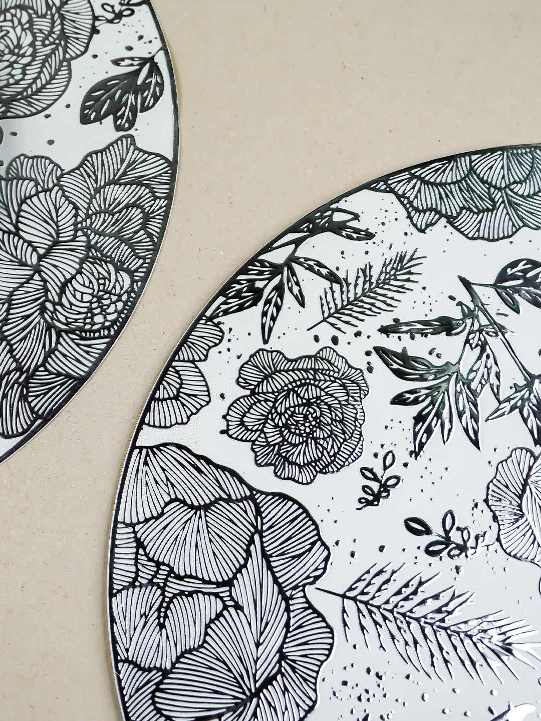 White Round Table Mat with Silver Floral Illustration