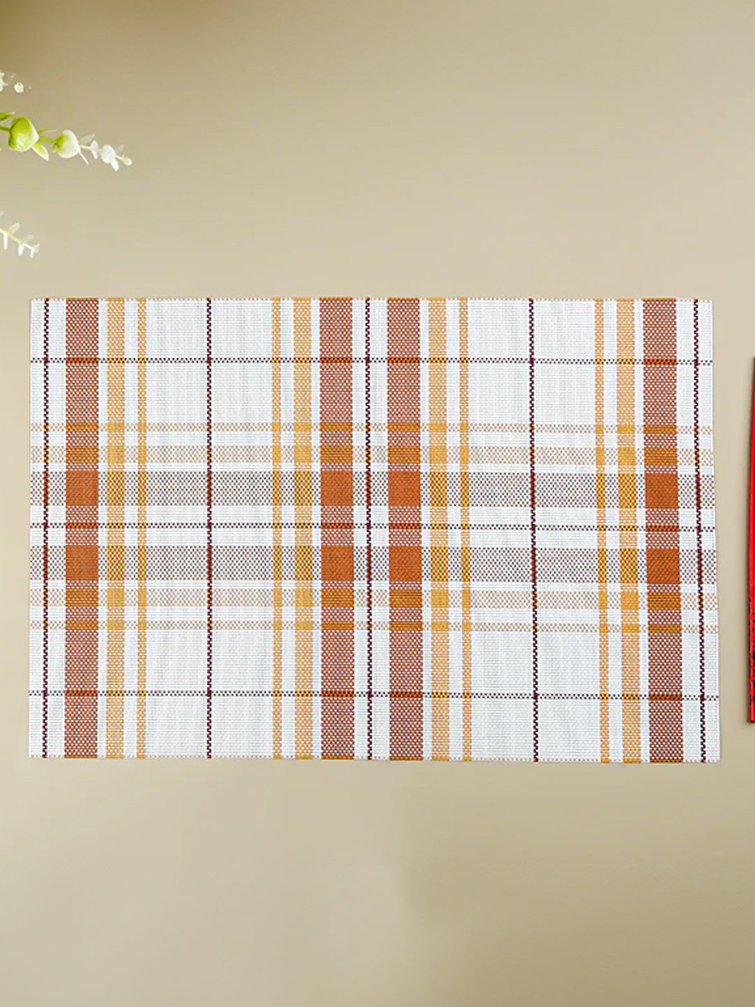 Brown & White Plaid Table Mat with Textured Weave Main image